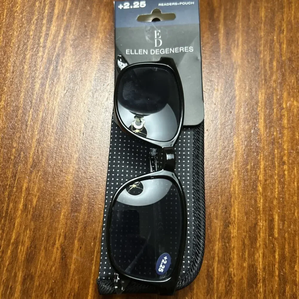 NEW! Ellen Degeneres Carter Black Sunglass Readers +Pouch Strength 2.25 Unisex